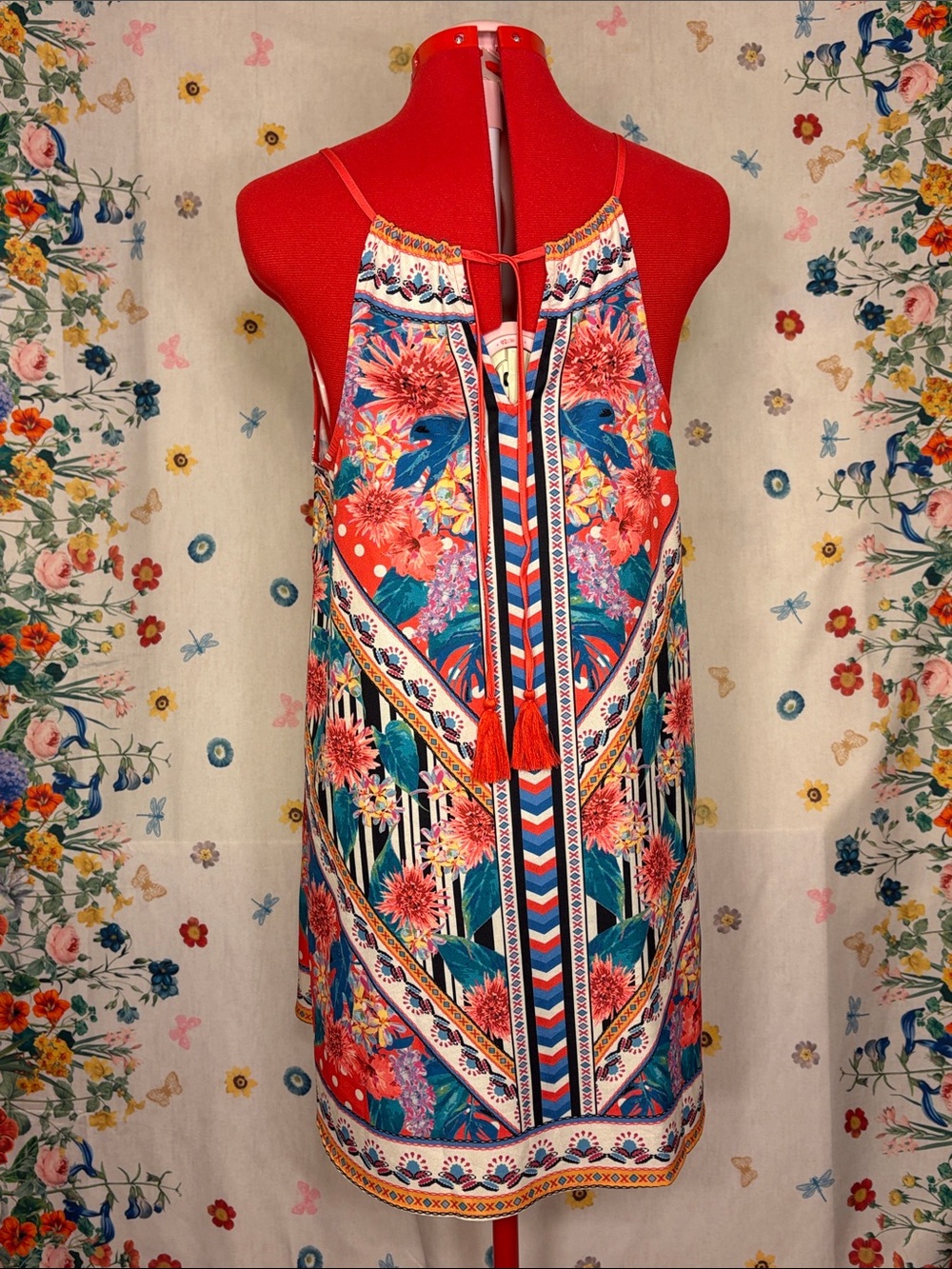 Flying Tomato - Fun Summer Red Halter Dress with Teal Accents - Picture 5 of 10